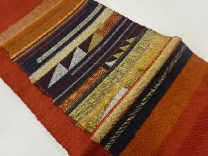 リサイクル　手織り真綿紬横段に幾何学模様織出し名古屋帯